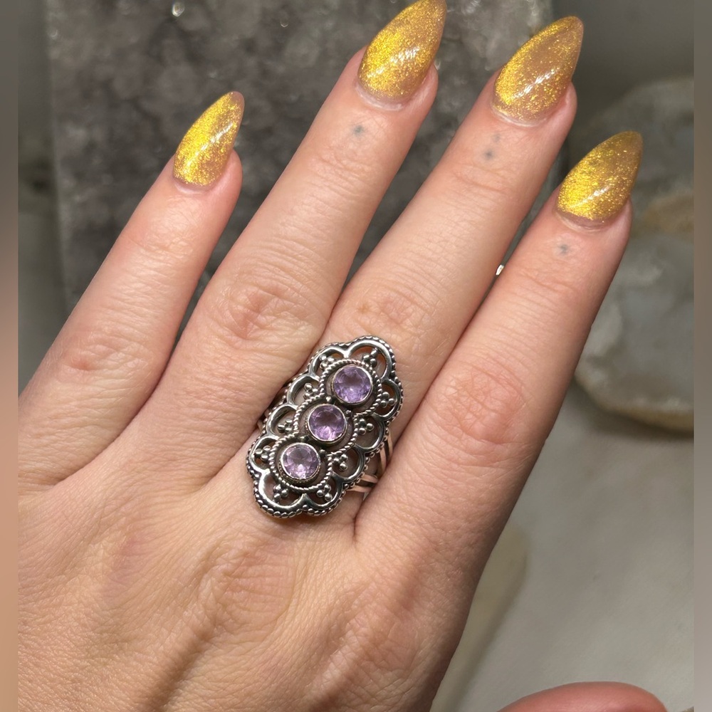 Triple Amethyst Gemstone Silver Ring - image 4